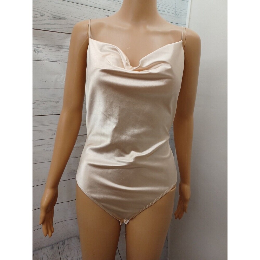 Revamped Thong Bodysuit Sexy Satin Nude Beige Sz Small